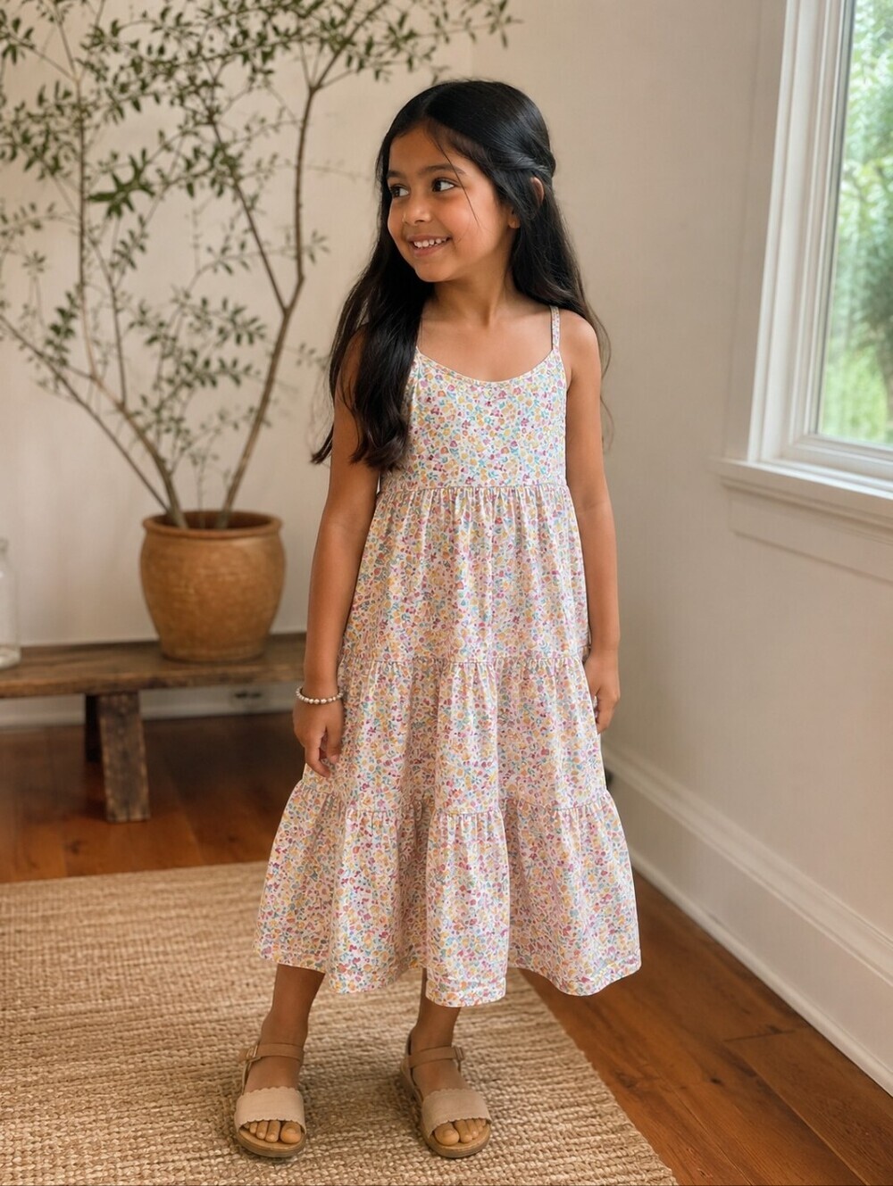 H&M Girls Floral Tiered Cotton Sundress Size 6-8 Cottagecore Summer
